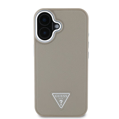 Apple iPhone 16 Kılıf Guess Orjinal Lisanslı M-safe Şarj Özellikli Grained Triangle Kapak Kahverengi