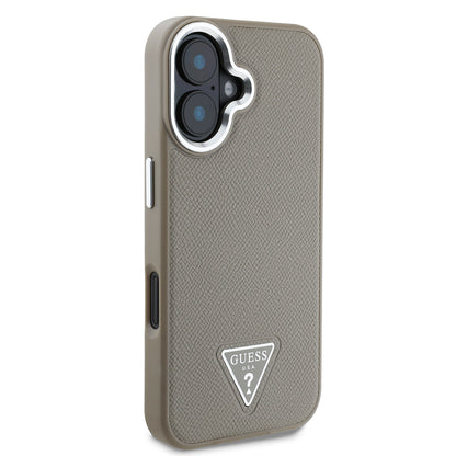 Apple iPhone 16 Kılıf Guess Orjinal Lisanslı M-safe Şarj Özellikli Grained Triangle Kapak Kahverengi