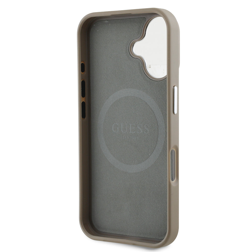Apple iPhone 16 Kılıf Guess Orjinal Lisanslı M-safe Şarj Özellikli Grained Triangle Kapak Kahverengi