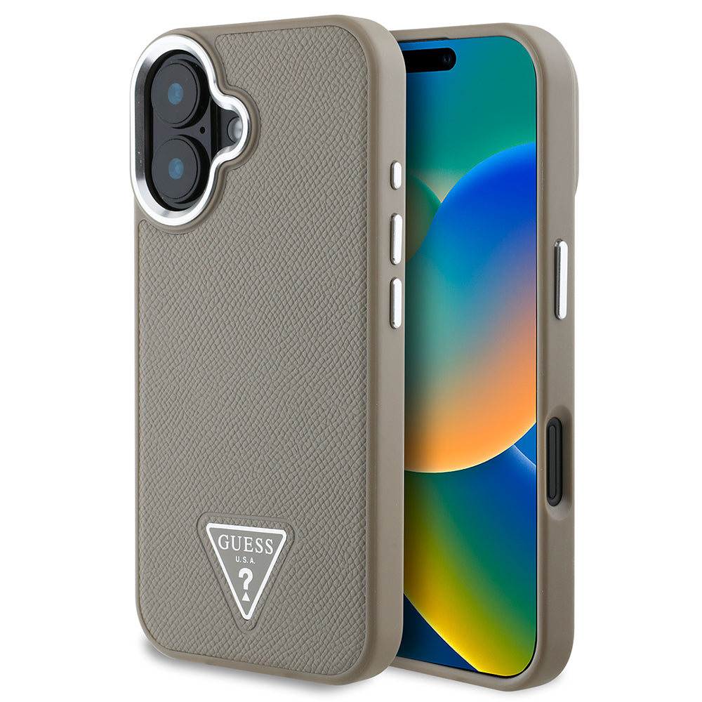 Apple iPhone 16 Kılıf Guess Orjinal Lisanslı M-safe Şarj Özellikli Grained Triangle Kapak Kahverengi
