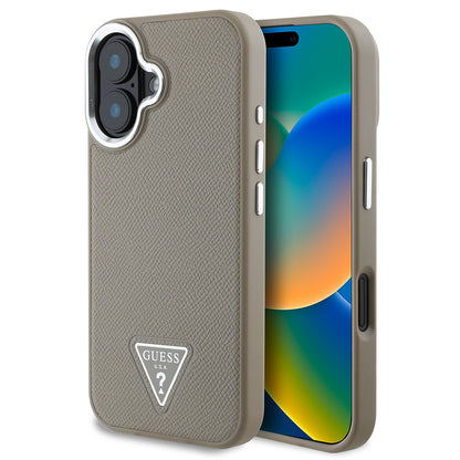 Apple iPhone 16 Kılıf Guess Orjinal Lisanslı M-safe Şarj Özellikli Grained Triangle Kapak Kahverengi