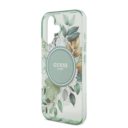 Apple iPhone 16 Kılıf Guess Orjinal Lisanslı M-safe Şarj Özellikli IML Baskılı Çiçek İnci Bileklikli Kapak Siyah