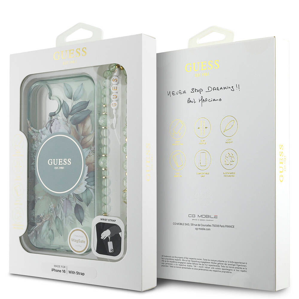 Apple iPhone 16 Kılıf Guess Orjinal Lisanslı M-safe Şarj Özellikli IML Baskılı Çiçek İnci Bileklikli Kapak Pembe