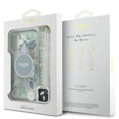 Apple iPhone 16 Kılıf Guess Orjinal Lisanslı M-safe Şarj Özellikli IML Baskılı Çiçek İnci Bileklikli Kapak Pembe