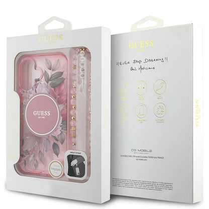 Apple iPhone 16 Kılıf Guess Orjinal Lisanslı M-safe Şarj Özellikli IML Baskılı Çiçek İnci Bileklikli Kapak Mor