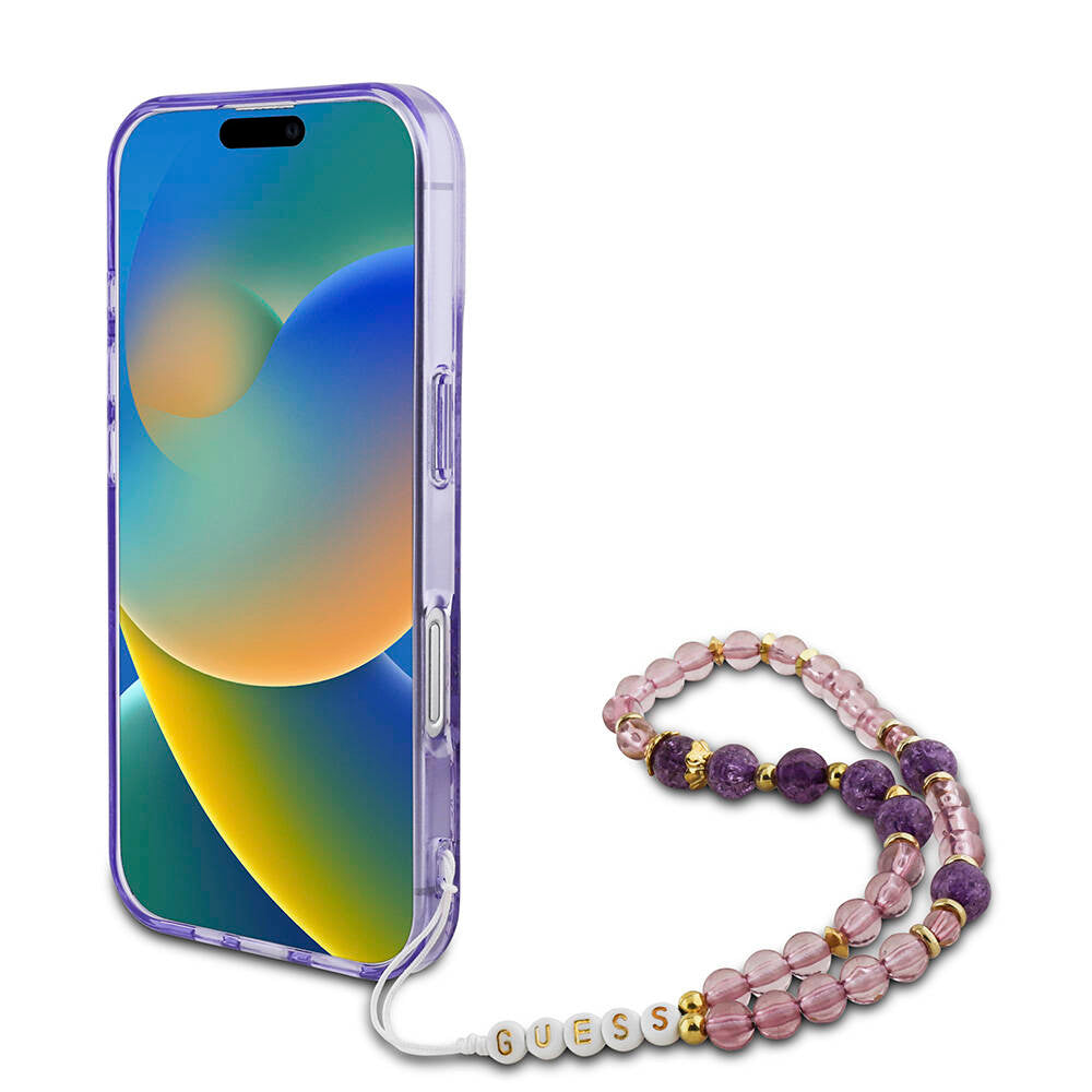 Apple iPhone 16 Kılıf Guess Orjinal Lisanslı M-safe Şarj Özellikli IML Baskılı Çiçek İnci Bileklikli Kapak Siyah