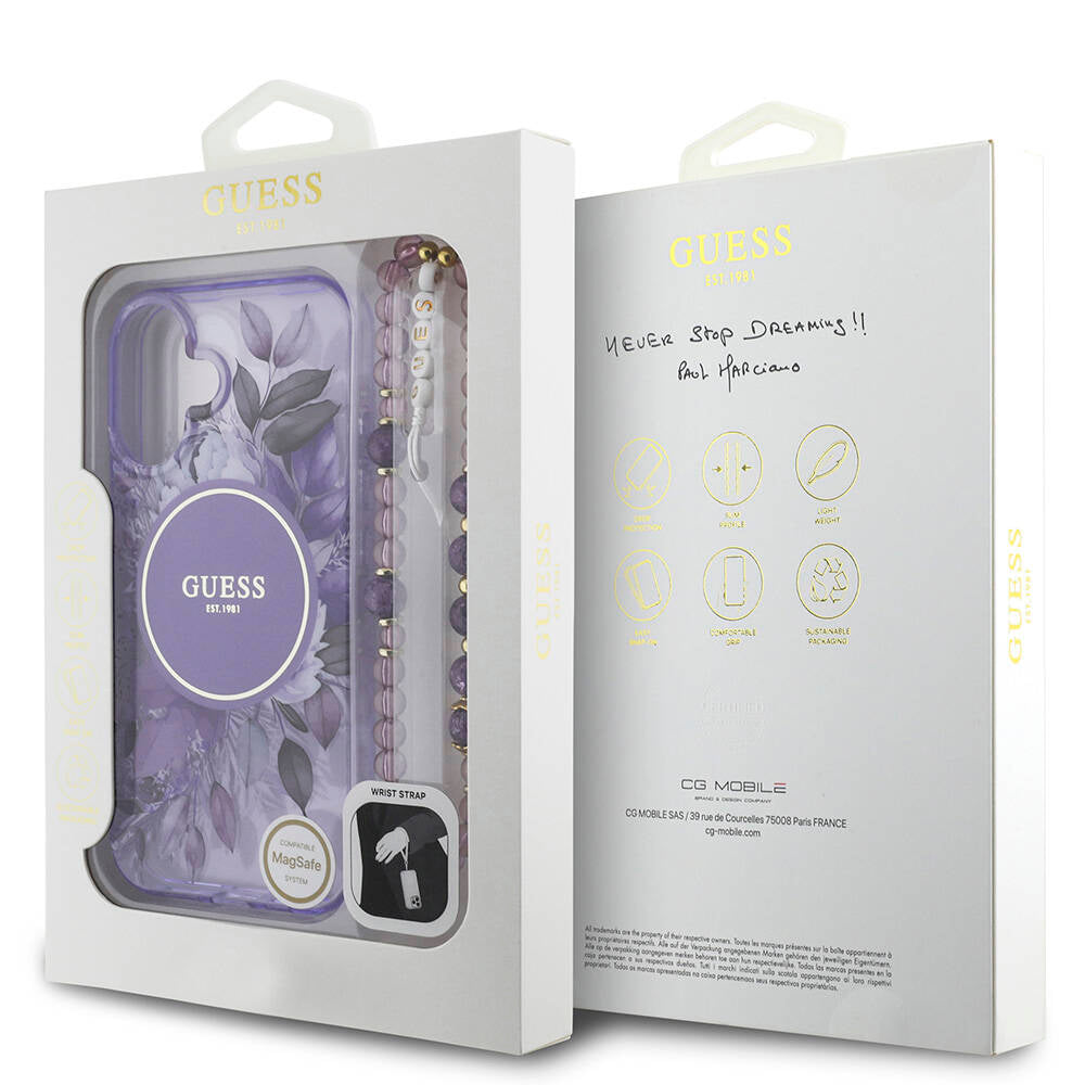 Apple iPhone 16 Kılıf Guess Orjinal Lisanslı M-safe Şarj Özellikli IML Baskılı Çiçek İnci Bileklikli Kapak Mor
