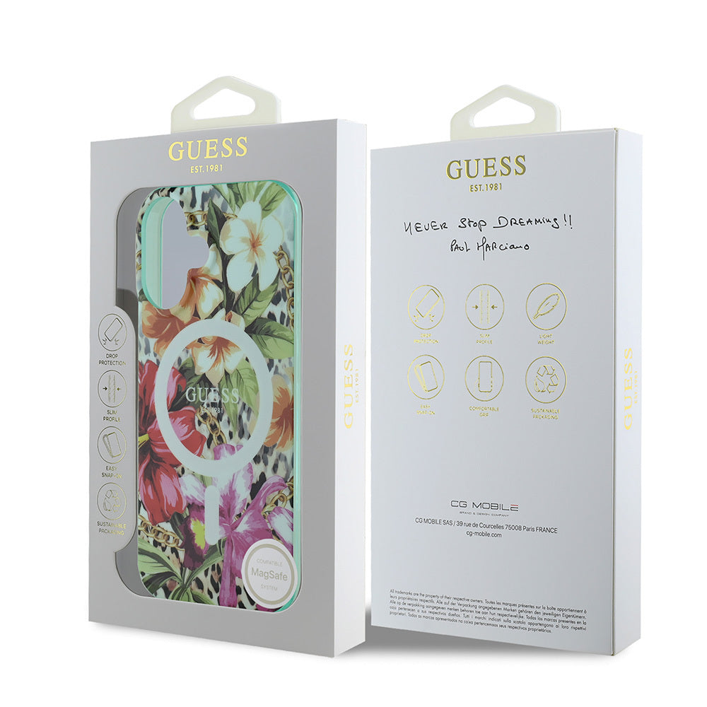 Apple iPhone 16 Kılıf Guess Orjinal Lisanslı M-safe Şarj Özellikli IML Baskılı Jungle Ring Kapak Yeşil