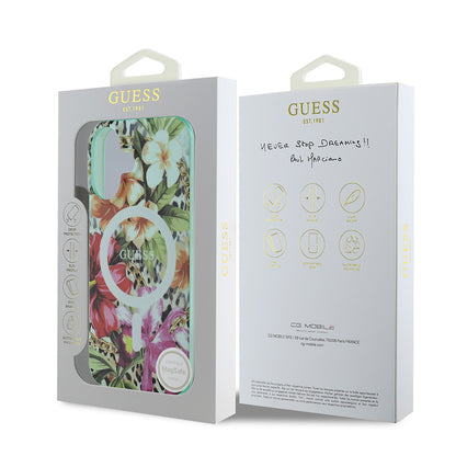 Apple iPhone 16 Kılıf Guess Orjinal Lisanslı M-safe Şarj Özellikli IML Baskılı Jungle Ring Kapak Yeşil