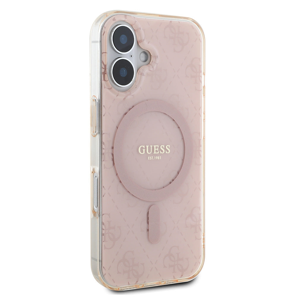 Apple iPhone 16 Kılıf Guess Orjinal Lisanslı M-safe Şarj Özellikli IML Baskılı Klasik Logolu 4G Desenli Kapak Pembe