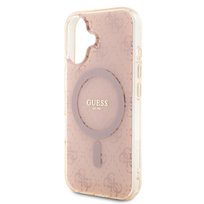 Apple iPhone 16 Kılıf Guess Orjinal Lisanslı M-safe Şarj Özellikli IML Baskılı Klasik Logolu 4G Desenli Kapak Pembe
