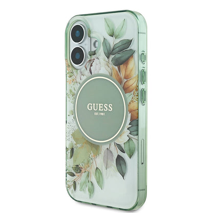 Apple iPhone 16 Kılıf Guess Orjinal Lisanslı M-safe Şarj Özellikli IML Baskılı Yazı Logolu Flower Tonal Circle Kapak Pembe
