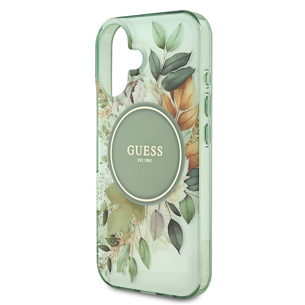 Apple iPhone 16 Kılıf Guess Orjinal Lisanslı M-safe Şarj Özellikli IML Baskılı Yazı Logolu Flower Tonal Circle Kapak Pembe