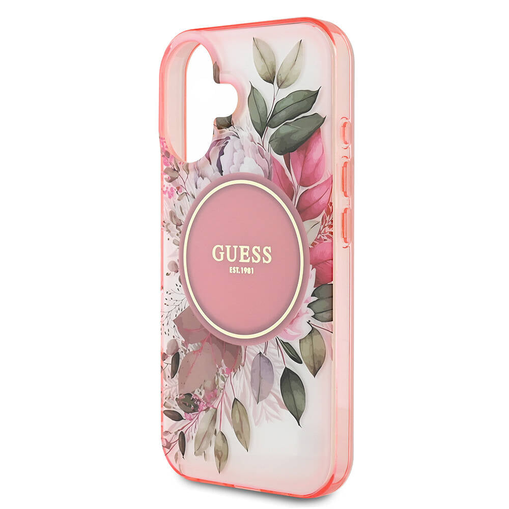 Apple iPhone 16 Kılıf Guess Orjinal Lisanslı M-safe Şarj Özellikli IML Baskılı Yazı Logolu Flower Tonal Circle Kapak Pembe