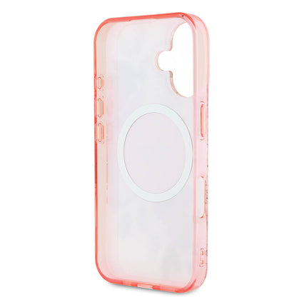 Apple iPhone 16 Kılıf Guess Orjinal Lisanslı M-safe Şarj Özellikli IML Baskılı Yazı Logolu Flower Tonal Circle Kapak Pembe