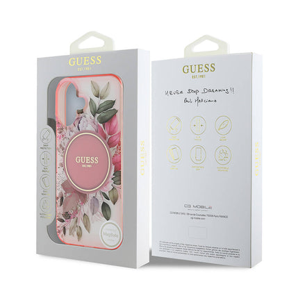 Apple iPhone 16 Kılıf Guess Orjinal Lisanslı M-safe Şarj Özellikli IML Baskılı Yazı Logolu Flower Tonal Circle Kapak Yeşil