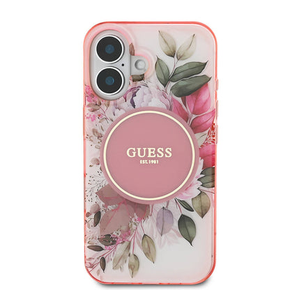 Apple iPhone 16 Kılıf Guess Orjinal Lisanslı M-safe Şarj Özellikli IML Baskılı Yazı Logolu Flower Tonal Circle Kapak Pembe