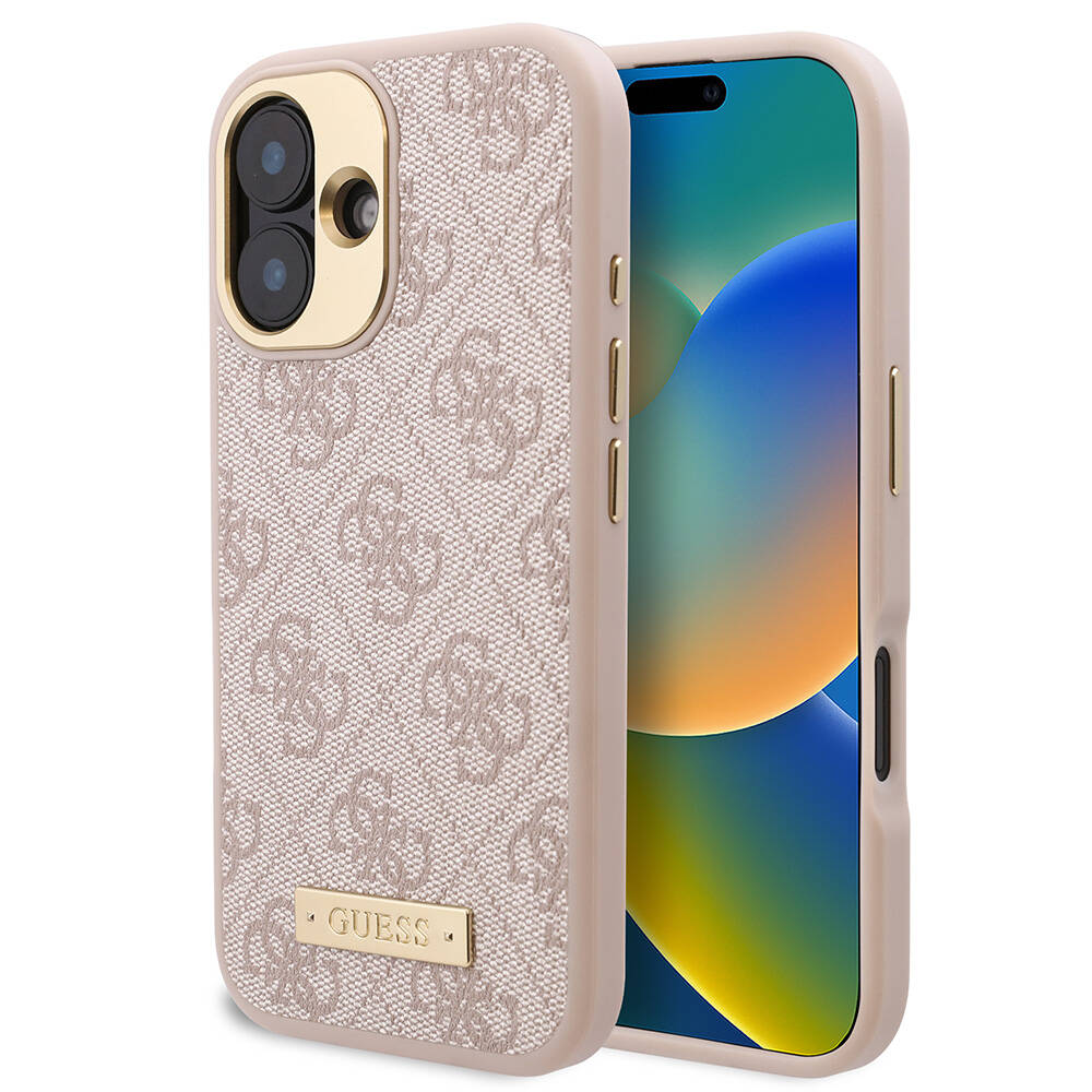 Apple iPhone 16 Kılıf Guess Orjinal Lisanslı M-safe Şarj Özellikli PU 4G Desenli Metal Plaka Klasik Logolu Kapak Pembe