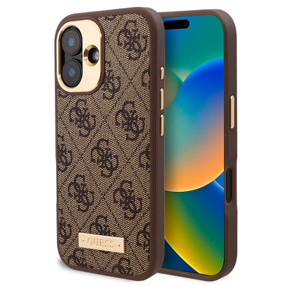 Apple iPhone 16 Kılıf Guess Orjinal Lisanslı M-safe Şarj Özellikli PU 4G Desenli Metal Plaka Klasik Logolu Kapak Pembe