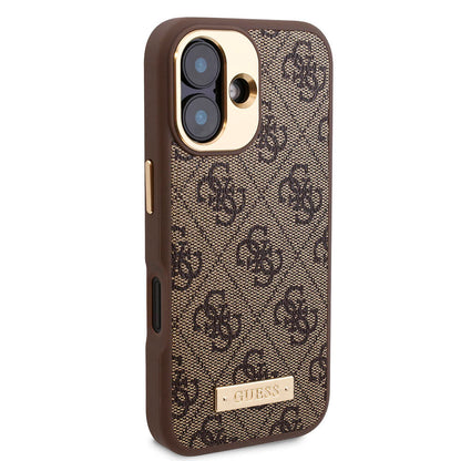 Apple iPhone 16 Kılıf Guess Orjinal Lisanslı M-safe Şarj Özellikli PU 4G Desenli Metal Plaka Klasik Logolu Kapak Pembe