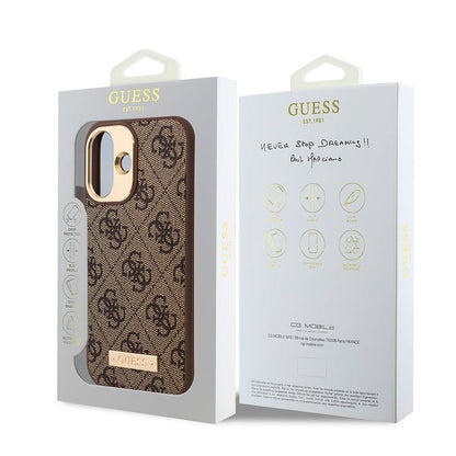 Apple iPhone 16 Kılıf Guess Orjinal Lisanslı M-safe Şarj Özellikli PU 4G Desenli Metal Plaka Klasik Logolu Kapak Kahverengi
