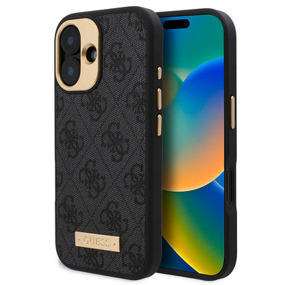 Apple iPhone 16 Kılıf Guess Orjinal Lisanslı M-safe Şarj Özellikli PU 4G Desenli Metal Plaka Klasik Logolu Kapak Kahverengi