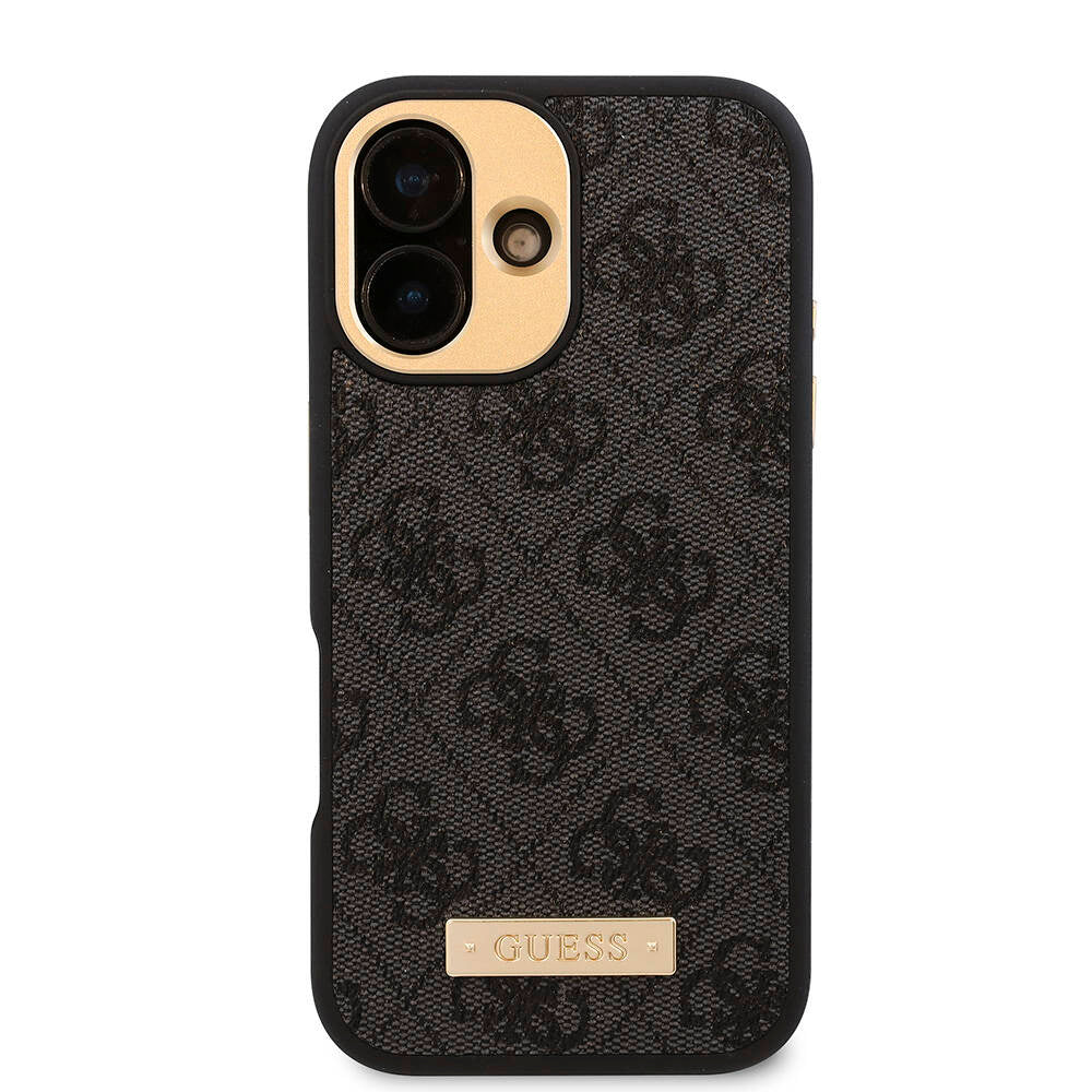 Apple iPhone 16 Kılıf Guess Orjinal Lisanslı M-safe Şarj Özellikli PU 4G Desenli Metal Plaka Klasik Logolu Kapak Pembe