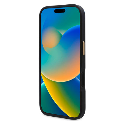 Apple iPhone 16 Kılıf Guess Orjinal Lisanslı M-safe Şarj Özellikli PU 4G Desenli Metal Plaka Klasik Logolu Kapak Siyah