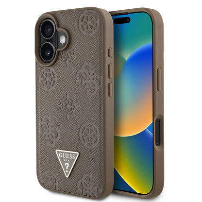Apple iPhone 16 Kılıf Guess Orjinal Lisanslı M-safe Şarj Özellikli Sıcak Baskılı Üçgen Logolu PU Deri Peony Kapak Kahverengi