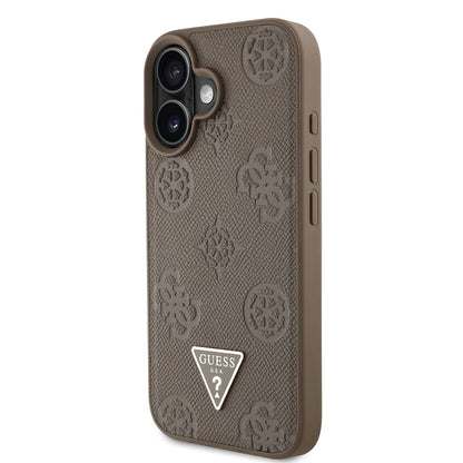 Apple iPhone 16 Kılıf Guess Orjinal Lisanslı M-safe Şarj Özellikli Sıcak Baskılı Üçgen Logolu PU Deri Peony Kapak Kahverengi