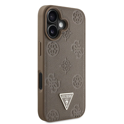 Apple iPhone 16 Kılıf Guess Orjinal Lisanslı M-safe Şarj Özellikli Sıcak Baskılı Üçgen Logolu PU Deri Peony Kapak Kahverengi