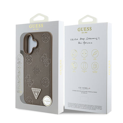 Apple iPhone 16 Kılıf Guess Orjinal Lisanslı M-safe Şarj Özellikli Sıcak Baskılı Üçgen Logolu PU Deri Peony Kapak Kahverengi