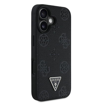 Apple iPhone 16 Kılıf Guess Orjinal Lisanslı M-safe Şarj Özellikli Sıcak Baskılı Üçgen Logolu PU Deri Peony Kapak Kahverengi