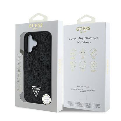 Apple iPhone 16 Kılıf Guess Orjinal Lisanslı M-safe Şarj Özellikli Sıcak Baskılı Üçgen Logolu PU Deri Peony Kapak Kahverengi