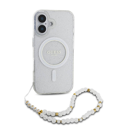 Apple iPhone 16 Kılıf Guess Orjinal Lisanslı M-safe Şarj Özellikli Simli Silikon İnci Bileklikli Kapak Pembe