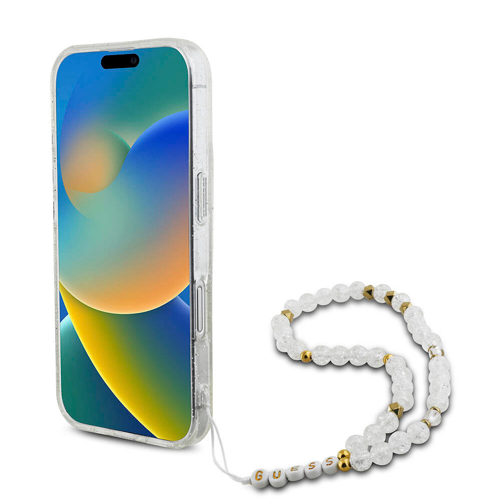 Apple iPhone 16 Kılıf Guess Orjinal Lisanslı M-safe Şarj Özellikli Simli Silikon İnci Bileklikli Kapak Pembe