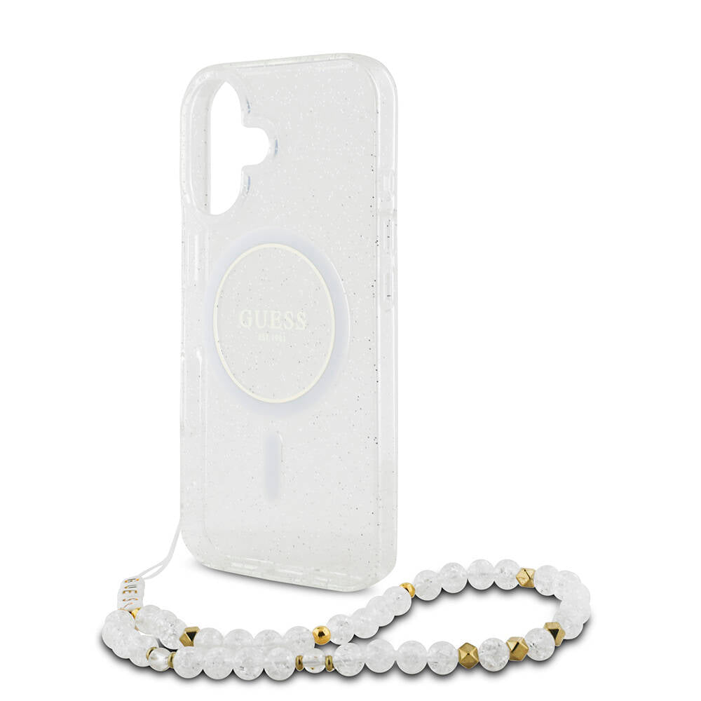 Apple iPhone 16 Kılıf Guess Orjinal Lisanslı M-safe Şarj Özellikli Simli Silikon İnci Bileklikli Kapak Pembe