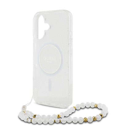 Apple iPhone 16 Kılıf Guess Orjinal Lisanslı M-safe Şarj Özellikli Simli Silikon İnci Bileklikli Kapak Pembe
