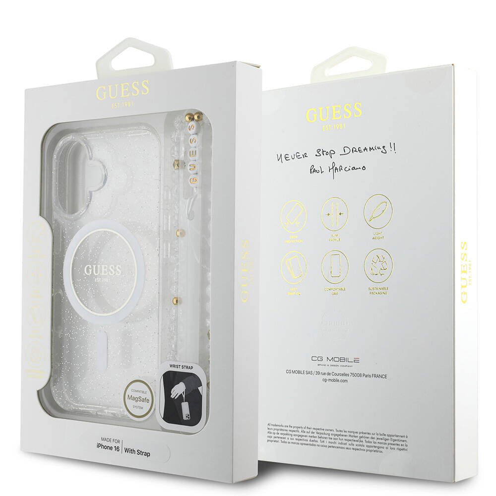Apple iPhone 16 Kılıf Guess Orjinal Lisanslı M-safe Şarj Özellikli Simli Silikon İnci Bileklikli Kapak Şeffaf