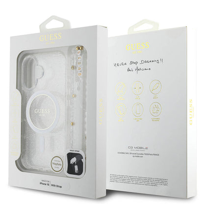 Apple iPhone 16 Kılıf Guess Orjinal Lisanslı M-safe Şarj Özellikli Simli Silikon İnci Bileklikli Kapak Pembe