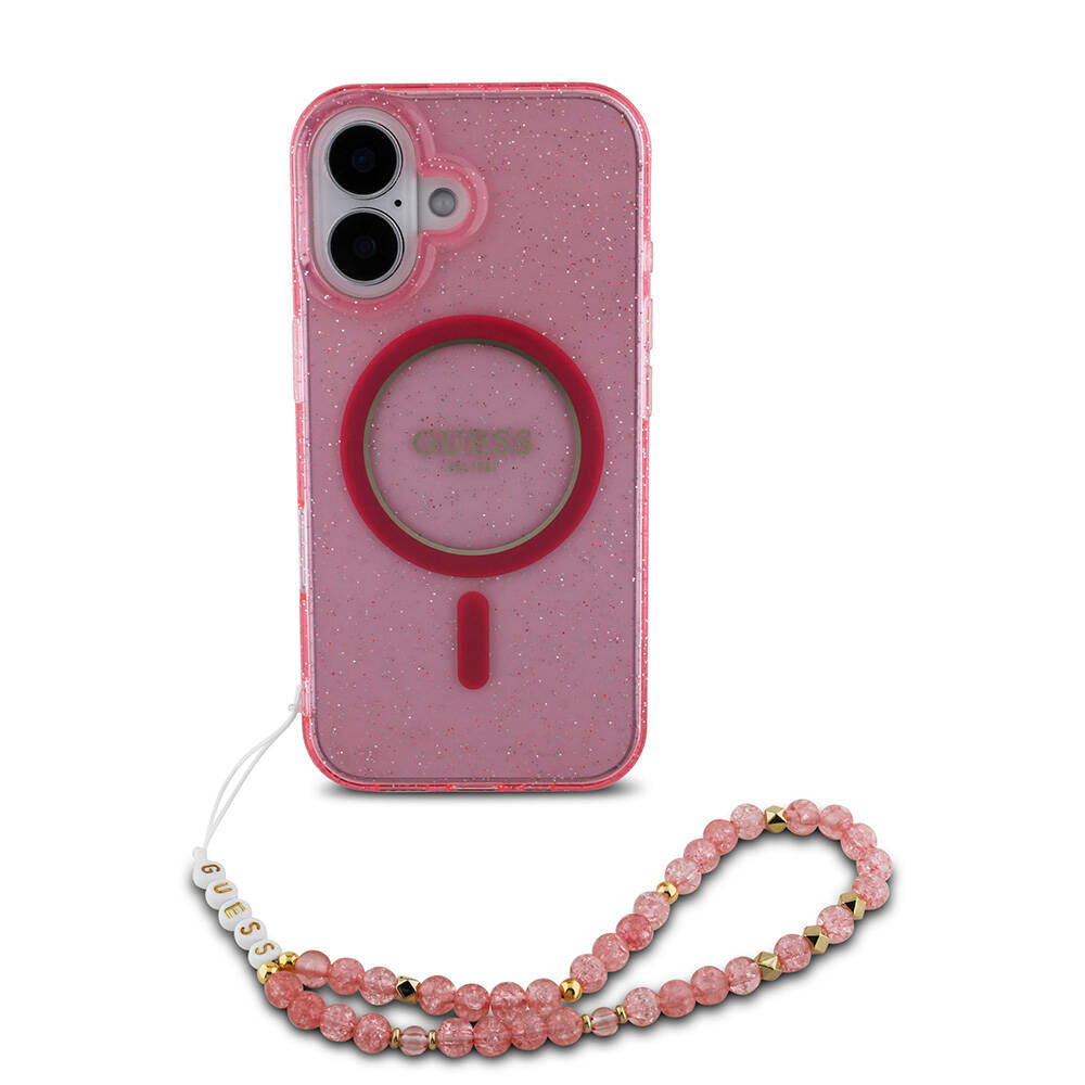 Apple iPhone 16 Kılıf Guess Orjinal Lisanslı M-safe Şarj Özellikli Simli Silikon İnci Bileklikli Kapak Pembe