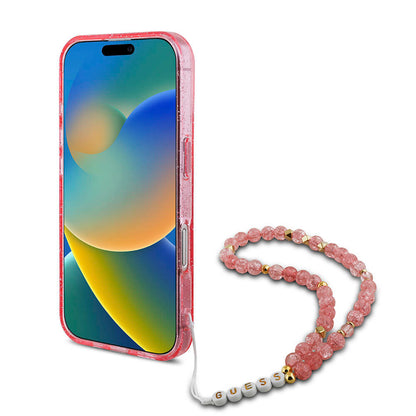 Apple iPhone 16 Kılıf Guess Orjinal Lisanslı M-safe Şarj Özellikli Simli Silikon İnci Bileklikli Kapak Pembe