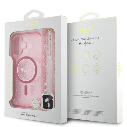 Apple iPhone 16 Kılıf Guess Orjinal Lisanslı M-safe Şarj Özellikli Simli Silikon İnci Bileklikli Kapak Şeffaf