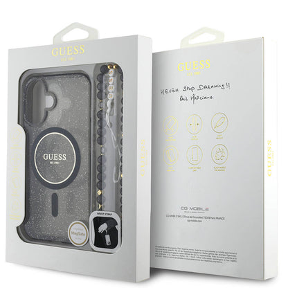 Apple iPhone 16 Kılıf Guess Orjinal Lisanslı M-safe Şarj Özellikli Simli Silikon İnci Bileklikli Kapak Siyah