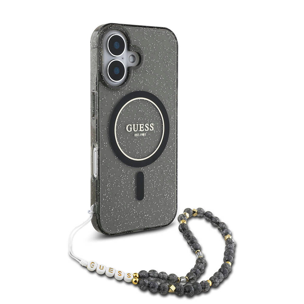 Apple iPhone 16 Kılıf Guess Orjinal Lisanslı M-safe Şarj Özellikli Simli Silikon İnci Bileklikli Kapak Şeffaf