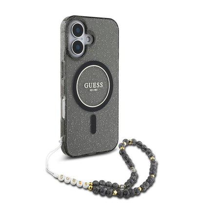 Apple iPhone 16 Kılıf Guess Orjinal Lisanslı M-safe Şarj Özellikli Simli Silikon İnci Bileklikli Kapak Pembe