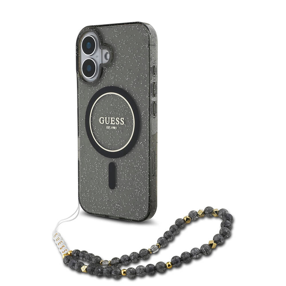 Apple iPhone 16 Kılıf Guess Orjinal Lisanslı M-safe Şarj Özellikli Simli Silikon İnci Bileklikli Kapak Siyah