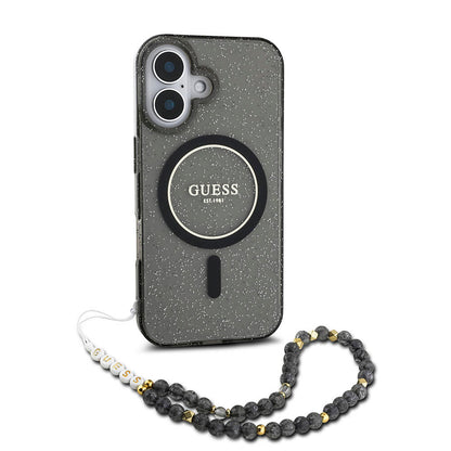 Apple iPhone 16 Kılıf Guess Orjinal Lisanslı M-safe Şarj Özellikli Simli Silikon İnci Bileklikli Kapak Pembe