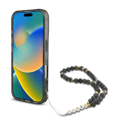 Apple iPhone 16 Kılıf Guess Orjinal Lisanslı M-safe Şarj Özellikli Simli Silikon İnci Bileklikli Kapak Siyah