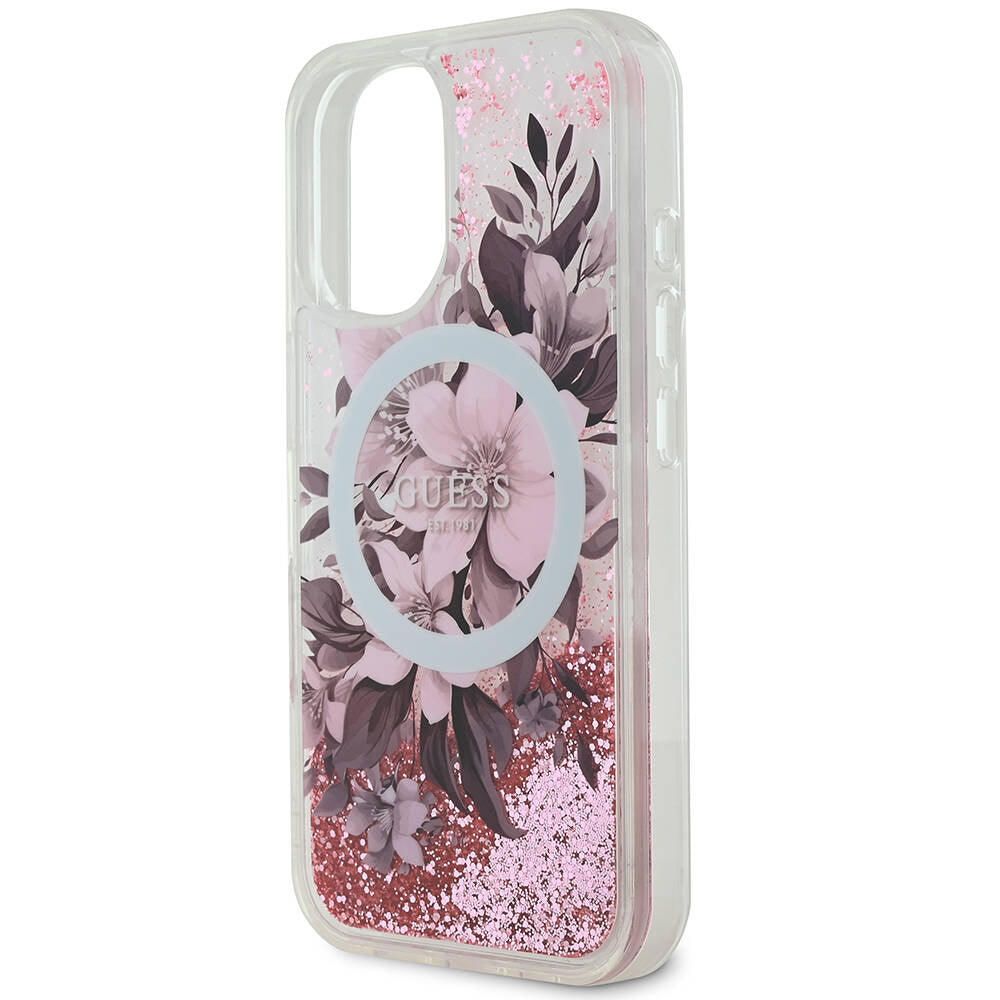 Apple iPhone 16 Kılıf Guess Orjinal Lisanslı M-safe Şarj Özellikli Sıvılı Simli Çiçek Desenli Kapak Mor